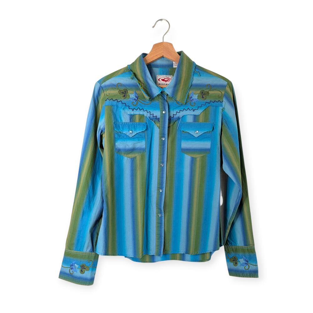 Roper long-sleeve western snap shirt ~ blue green stripe & floral embroidery